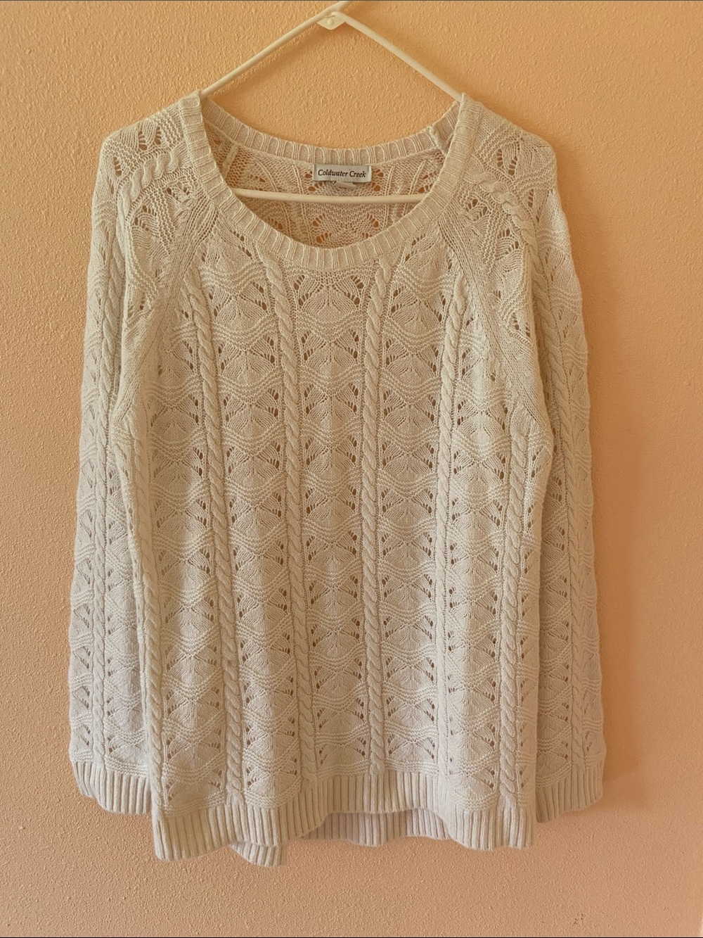 Women’s Coldwater Creek Cream Sweater Knit Crochet, Wool, Cashmere, Size XL 16